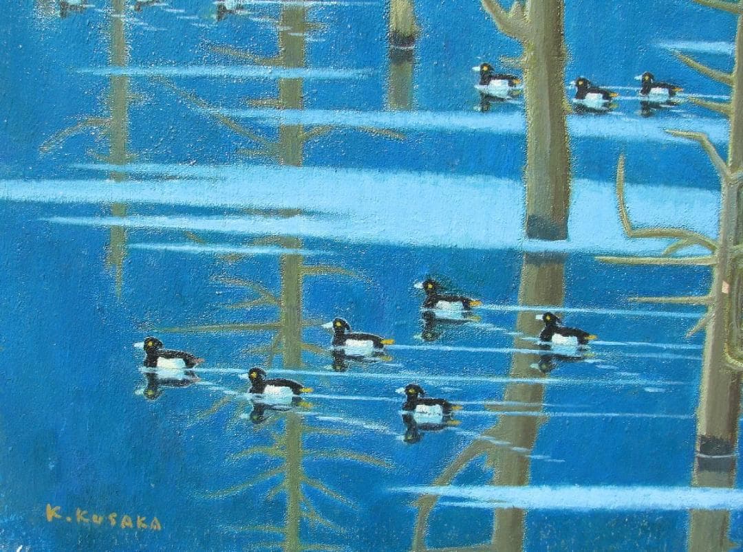 千葉手賀沼の自然を描く,日下賢二「風景」8号油彩,野鳥の群れ