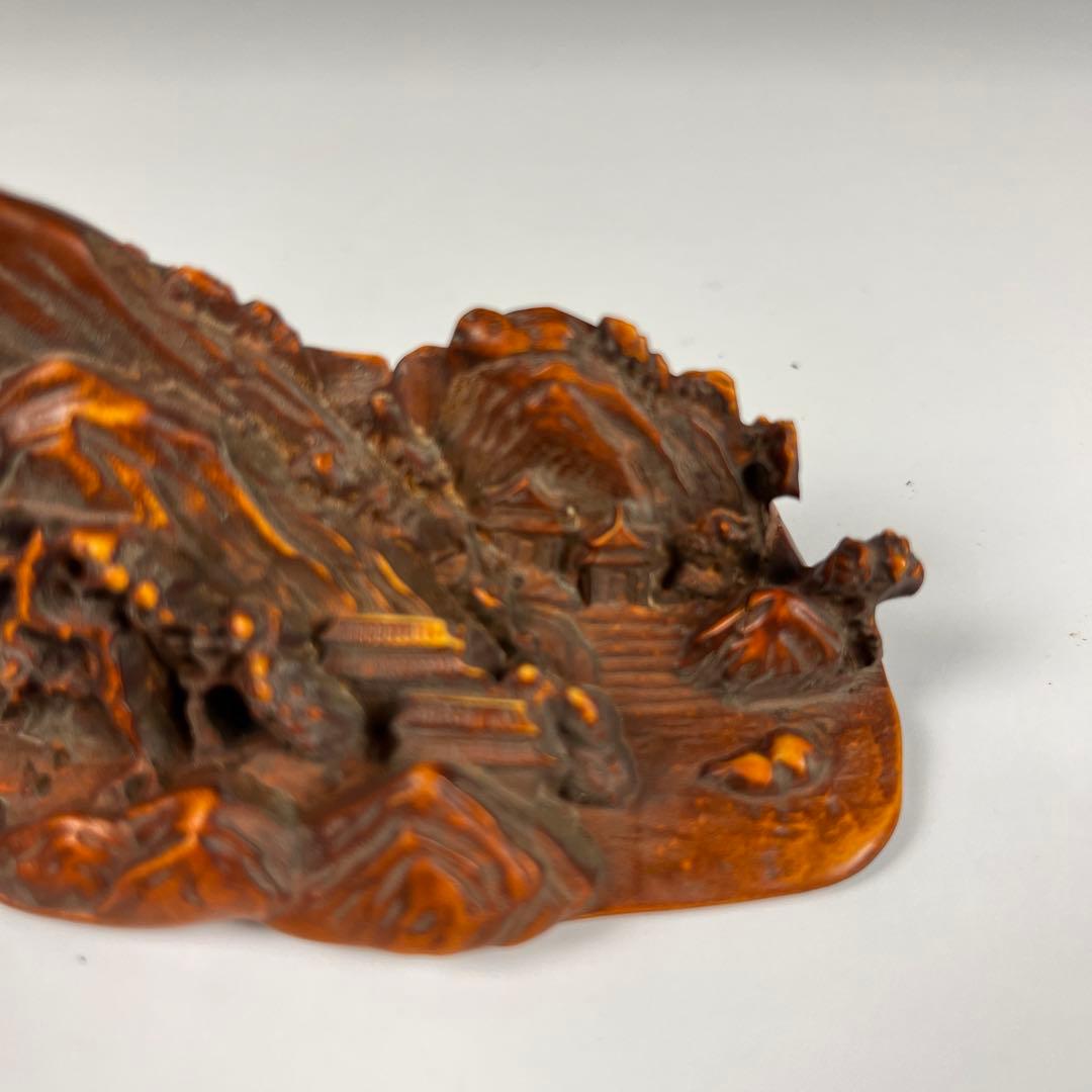 木製 山岳風景 彫刻 約14.5cm