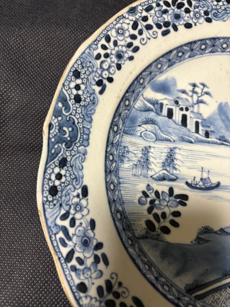 中国古美術 清の乾隆時代 青花　山水風景　大皿25cm　染付