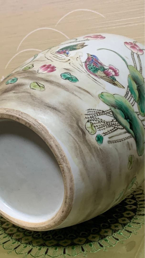 シノワズリ　ビンテージ　粉彩 漢詩花鳥紋飾り大壷　大花瓶　大甕　オリジナル蓋付き