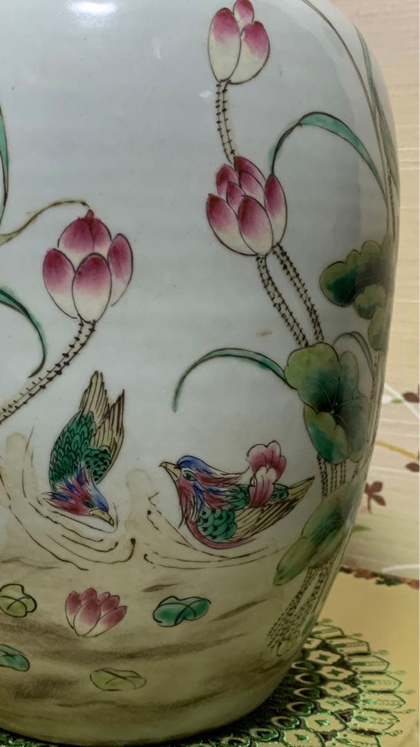 シノワズリ　ビンテージ　粉彩 漢詩花鳥紋飾り大壷　大花瓶　大甕　オリジナル蓋付き