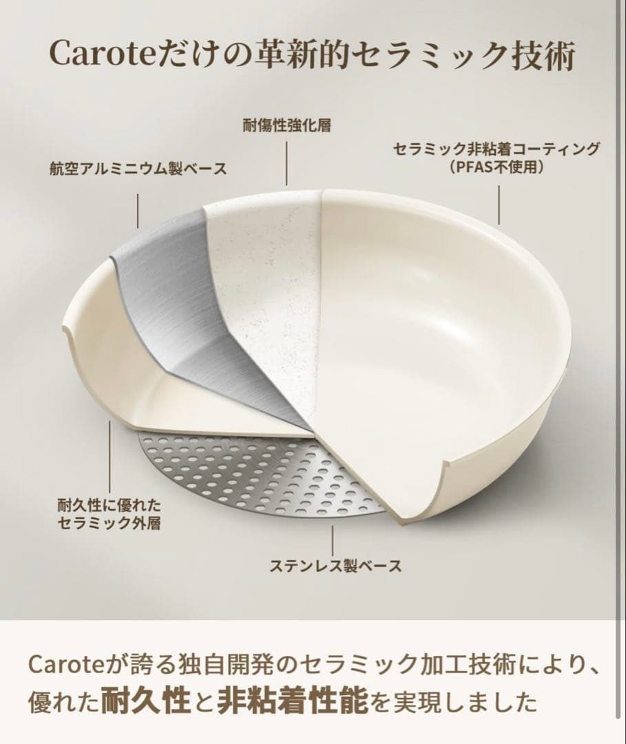 CAROTE15点カローテ セラミック フライパン 鍋IHガスオーブン ホワイト