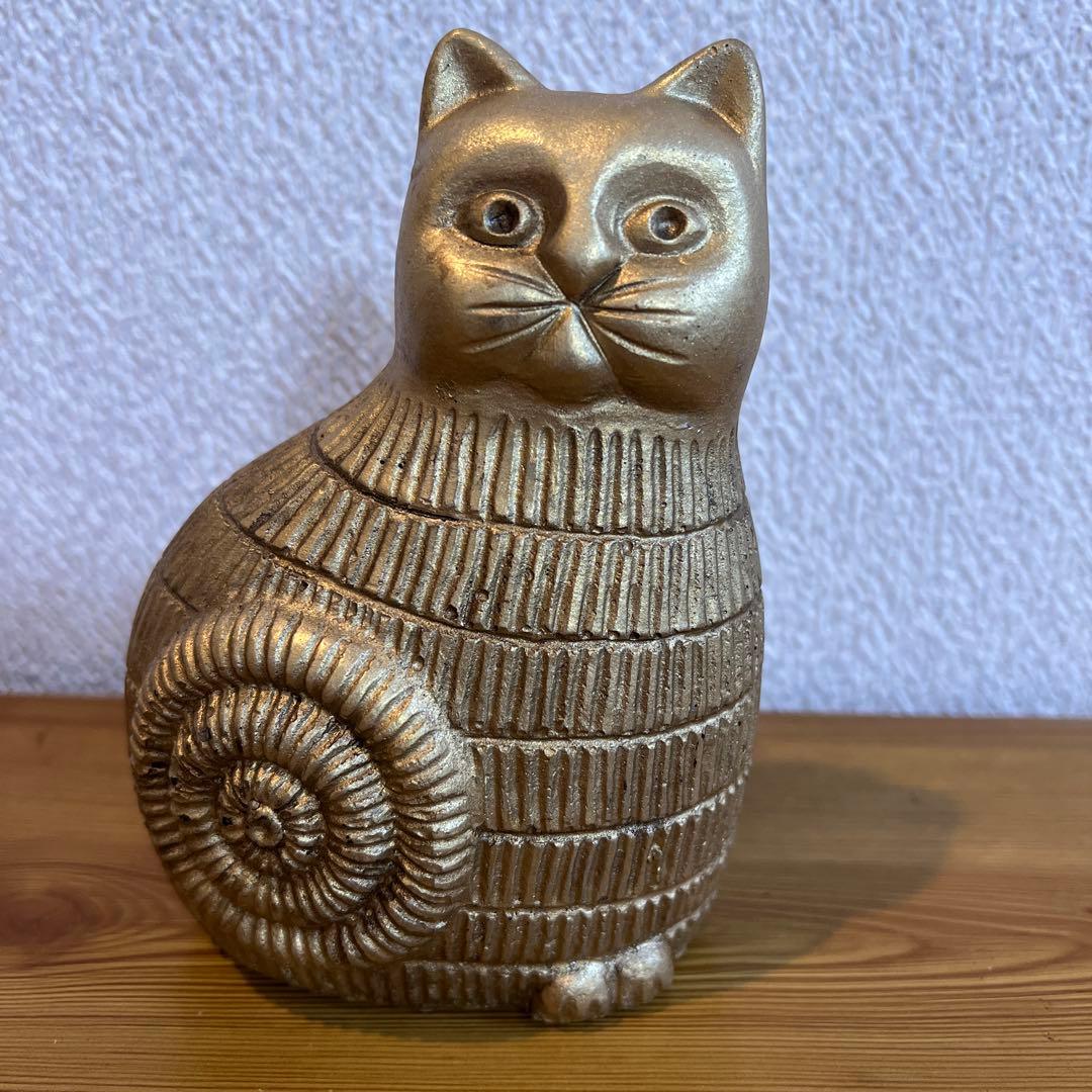 ゴールド 猫型 置物 螺旋模様