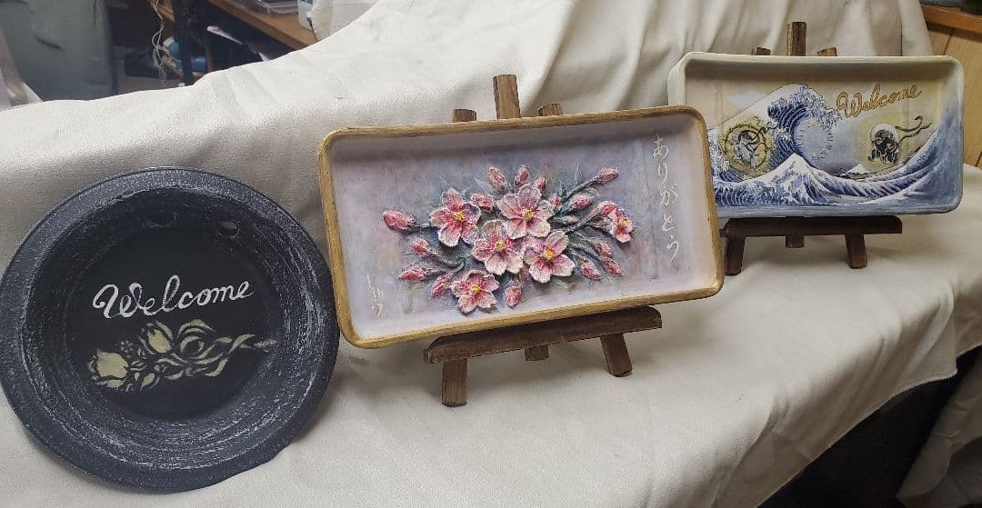 手描きアートウェルカムボード(桜・富嶽＆風雷神・チューリップ)お買い得3点セット
