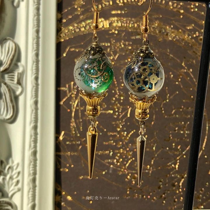 星空から朝焼けになるランタン　スチームパンクランタンピアス　イヤリング