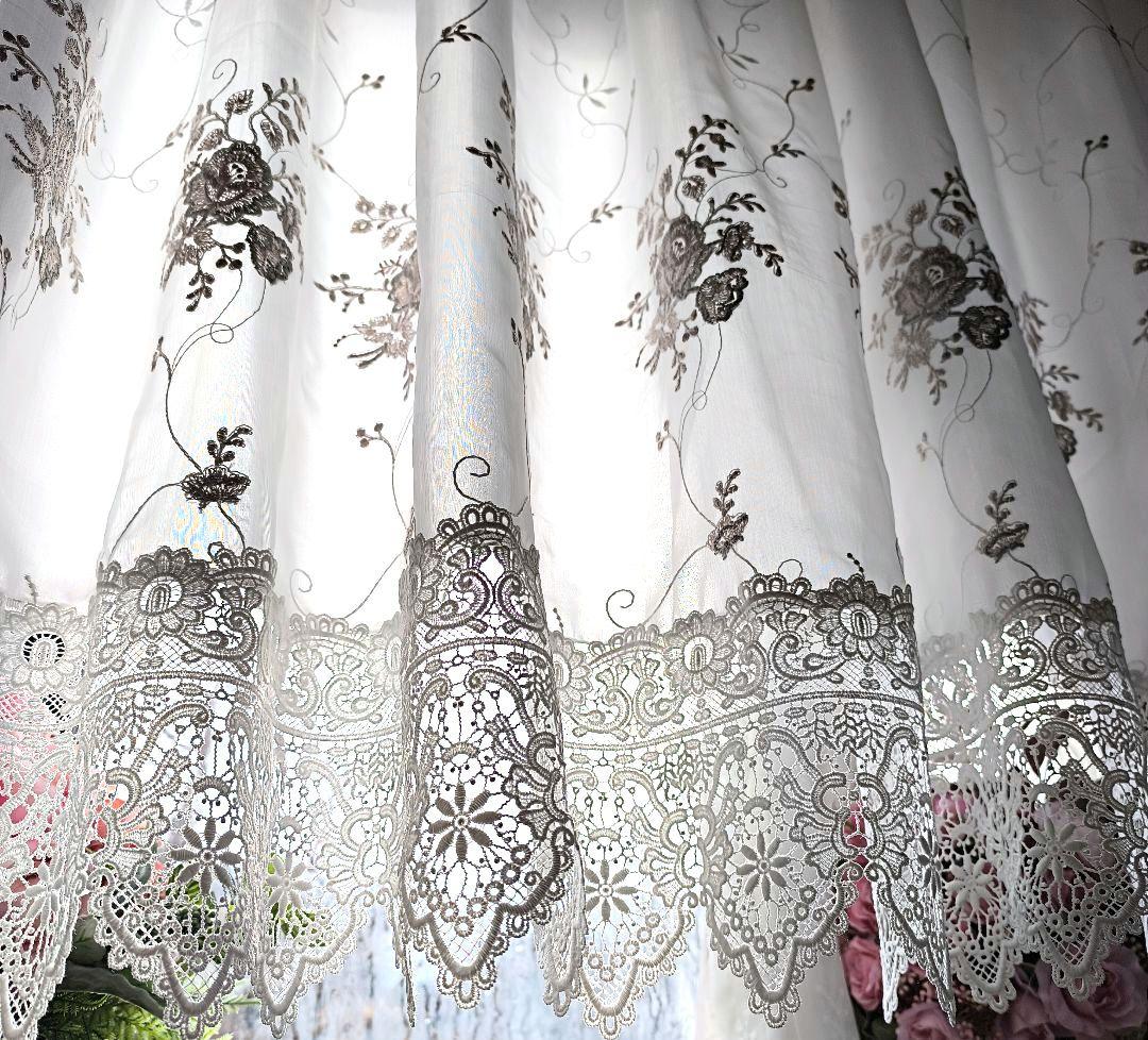 カフェカーテン【あみたろう様オーダー品　バラ刺繍レース　2枚重ねダブルデザイン】