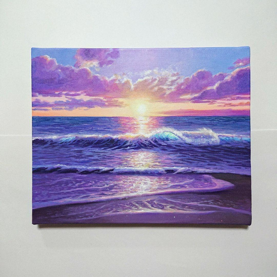 【夕闇が迫る頃】アクリル画 F3 風景画 絵画 海の絵
