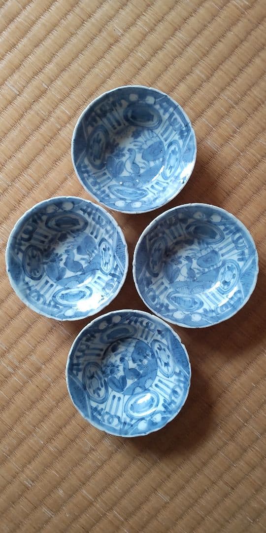 中国古染付　染付　手塩皿4客　江戸時代　古伊万里　王地山焼