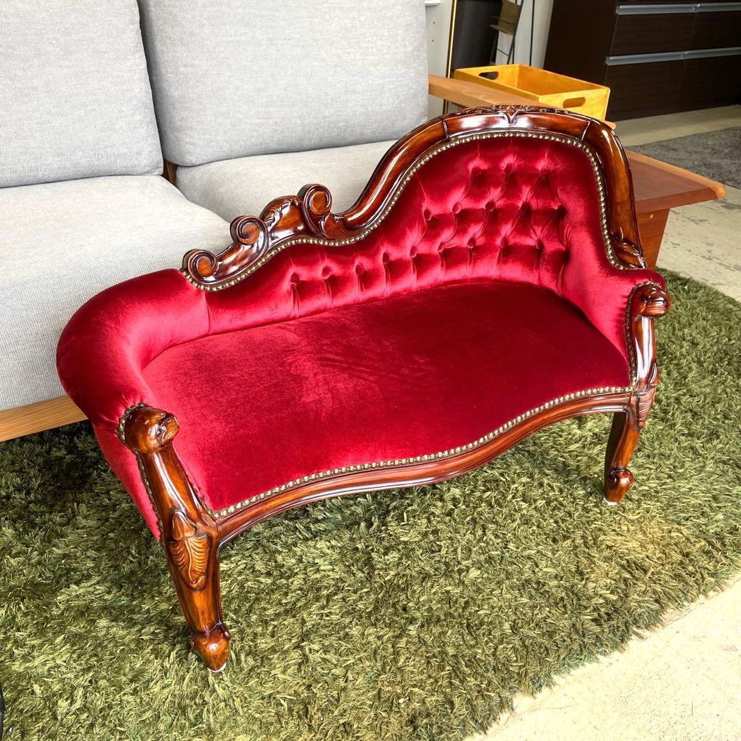 ロココ調 ベンチソファ キッズ用 ドール用 ペット用　ベルベット調レッド