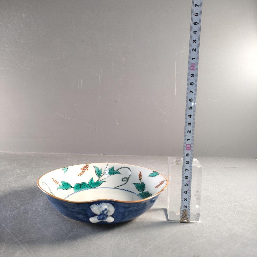 A1366-8/九谷焼/平安岩華 造/着彩草花文一閃人鉢4客/共箱/飾皿/菓子鉢