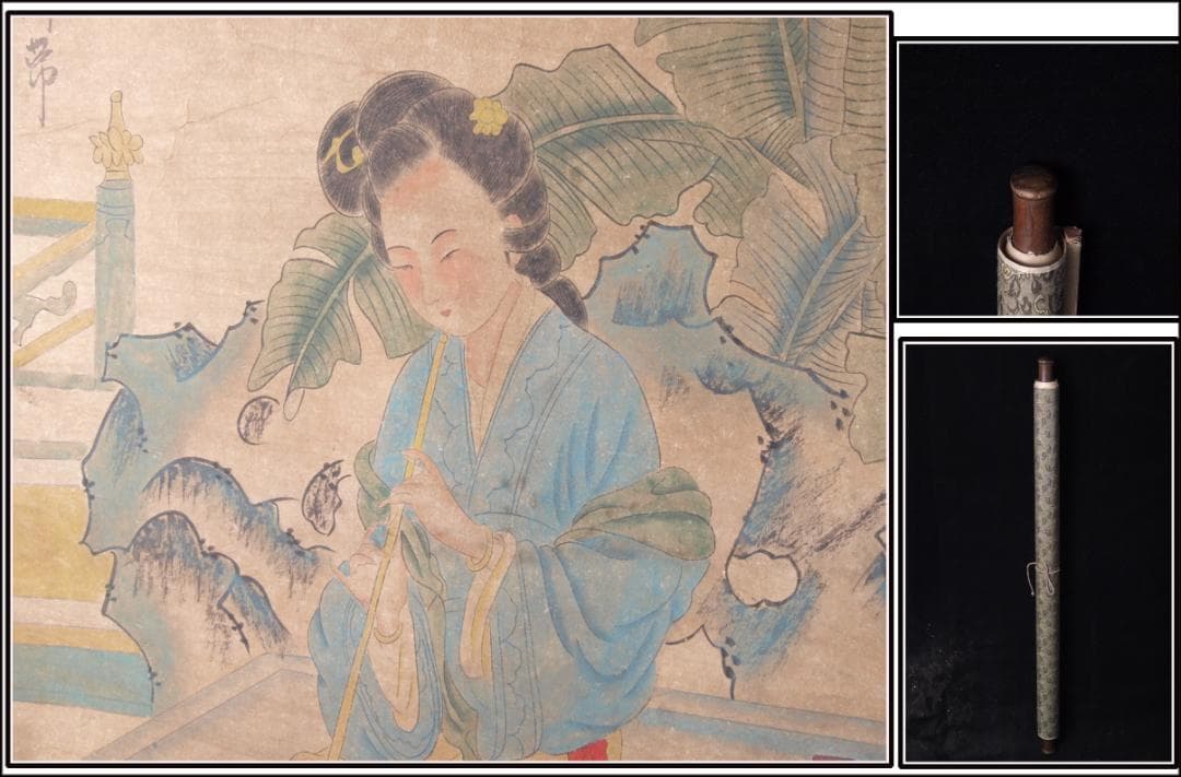 【骨董掛け軸】遊春図 中国张萱　 唐時代 肉筆保證 掛け軸AK688A12-2