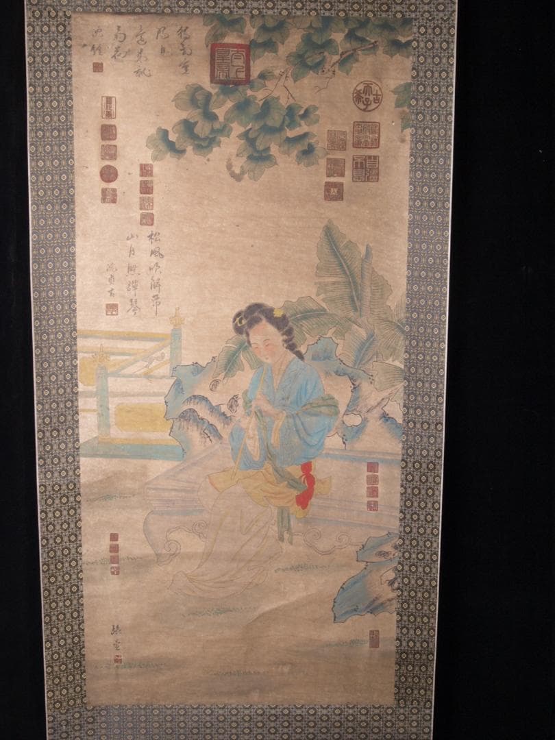 【骨董掛け軸】遊春図 中国张萱　 唐時代 肉筆保證 掛け軸AK688A12-2