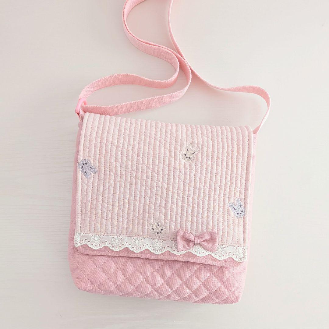 図書袋ショルダー　うさぎ刺繍ヌビ　通園バック　お弁当トートバッグ　お弁当袋