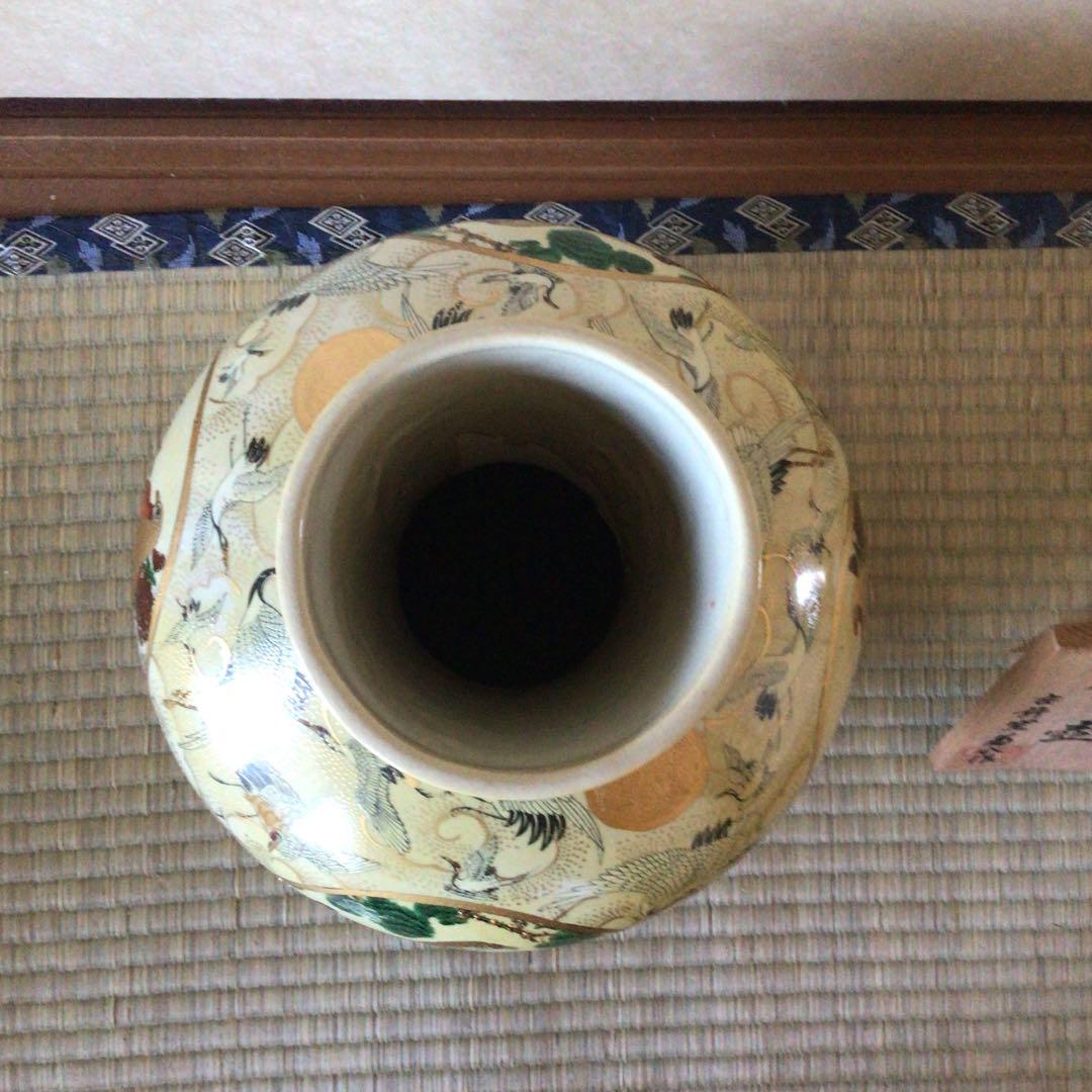 薩摩焼 白薩摩金欄手染錦群鶴花鳥図花瓶 飾壷　骨董