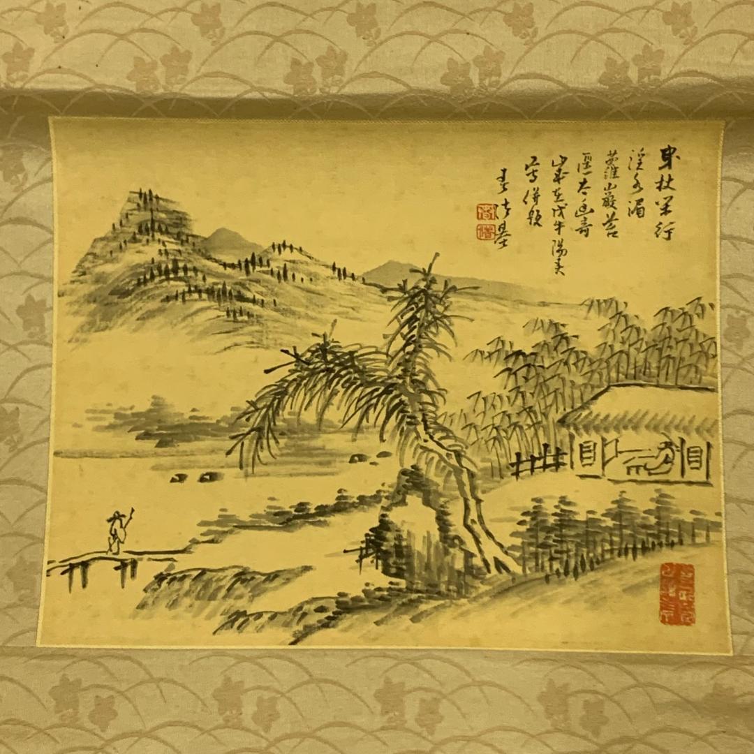 掛軸 水墨画 山水釣人図 漢詩 中国 年中飾り 中国美術 古美術 伝統工芸