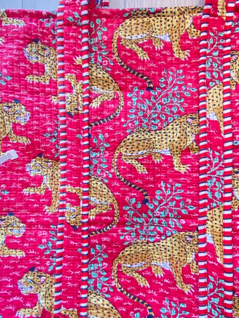 【希少】虎　ハンドブロックプリント　特大トートバックコーラルレッドANOKHI風