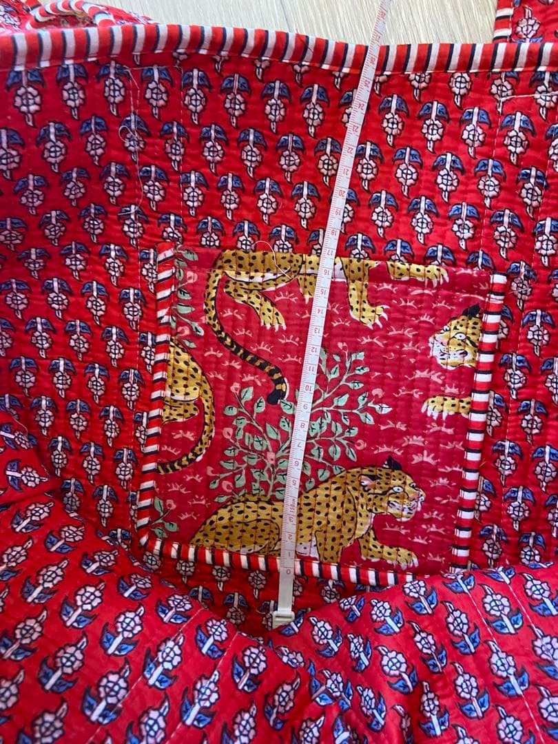 【希少】虎　ハンドブロックプリント　特大トートバックコーラルレッドANOKHI風