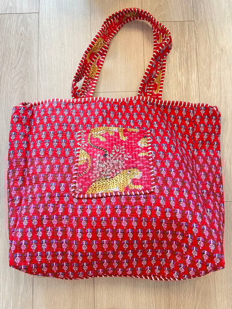 【希少】虎　ハンドブロックプリント　特大トートバックコーラルレッドANOKHI風