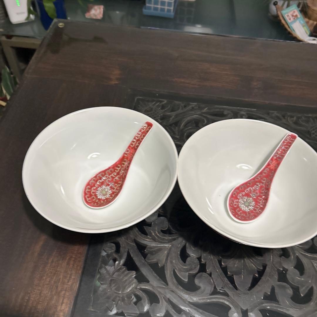 中国　景徳鎮　麺どんぶり　ラーメン　中華鉢とレンゲ2個