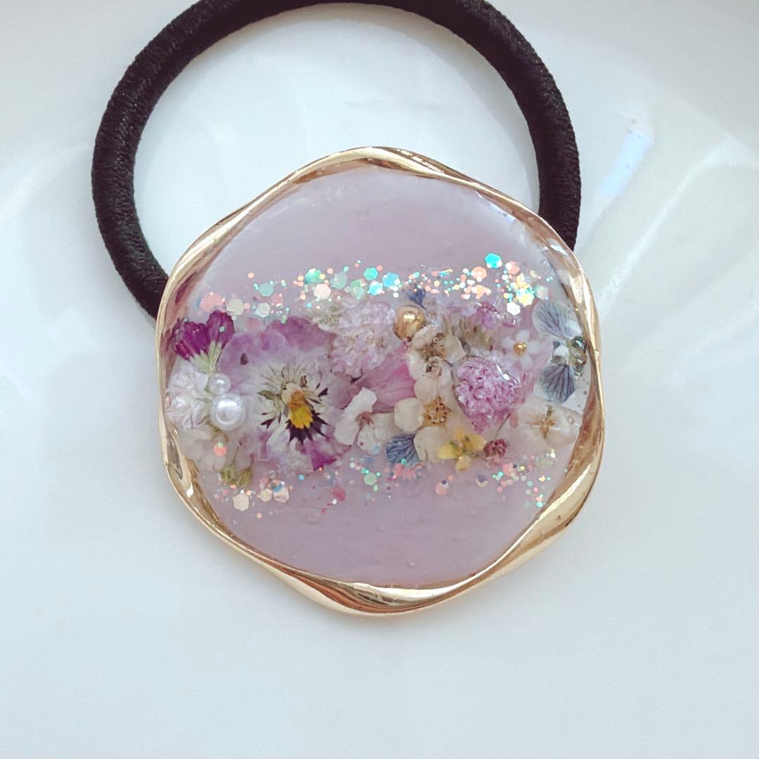 押し花ラメ入りヘアゴム　ラベンダー