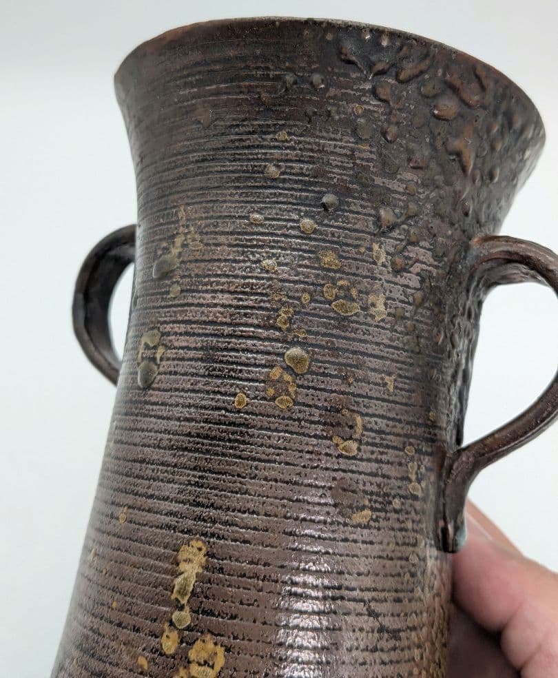 【直しあり】窯元六姓寺見作 江戸中期 古備前耳付花入 金重陶陽識箱 合布 備前焼