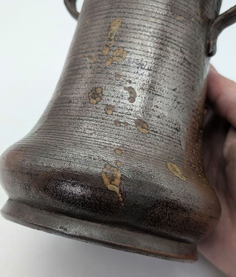 【直しあり】窯元六姓寺見作 江戸中期 古備前耳付花入 金重陶陽識箱 合布 備前焼