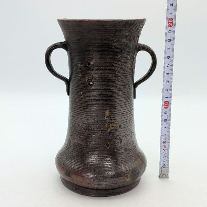 【直しあり】窯元六姓寺見作 江戸中期 古備前耳付花入 金重陶陽識箱 合布 備前焼