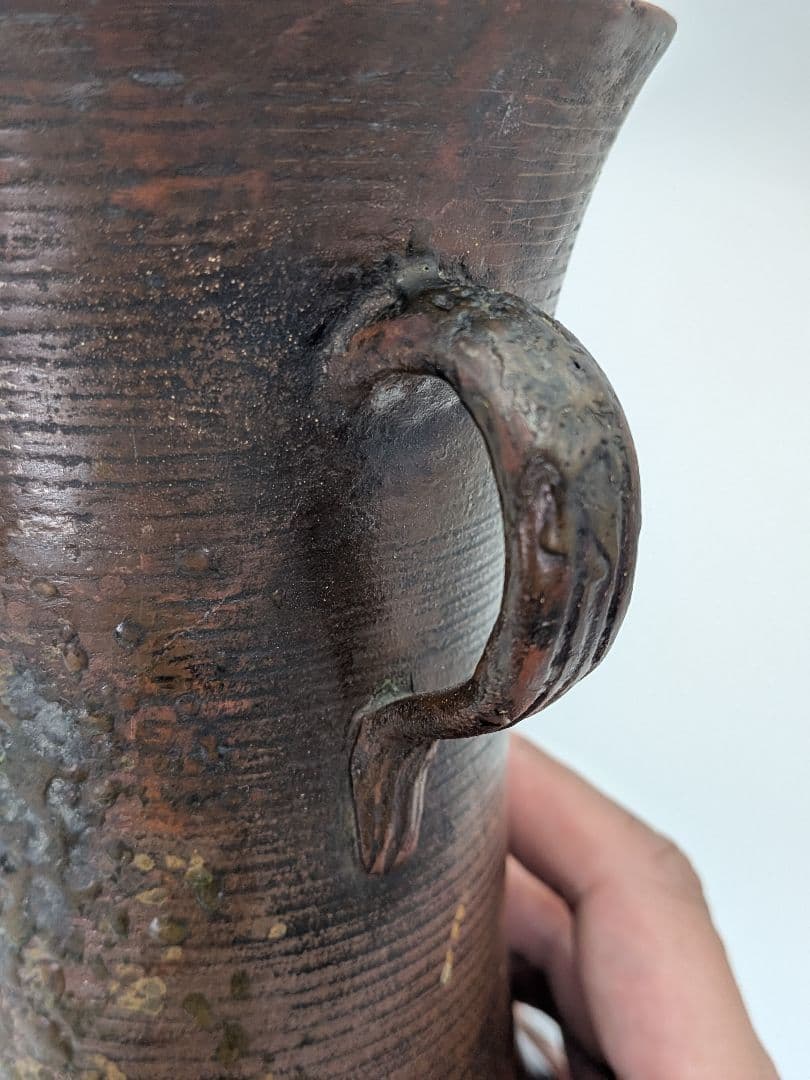 【直しあり】窯元六姓寺見作 江戸中期 古備前耳付花入 金重陶陽識箱 合布 備前焼