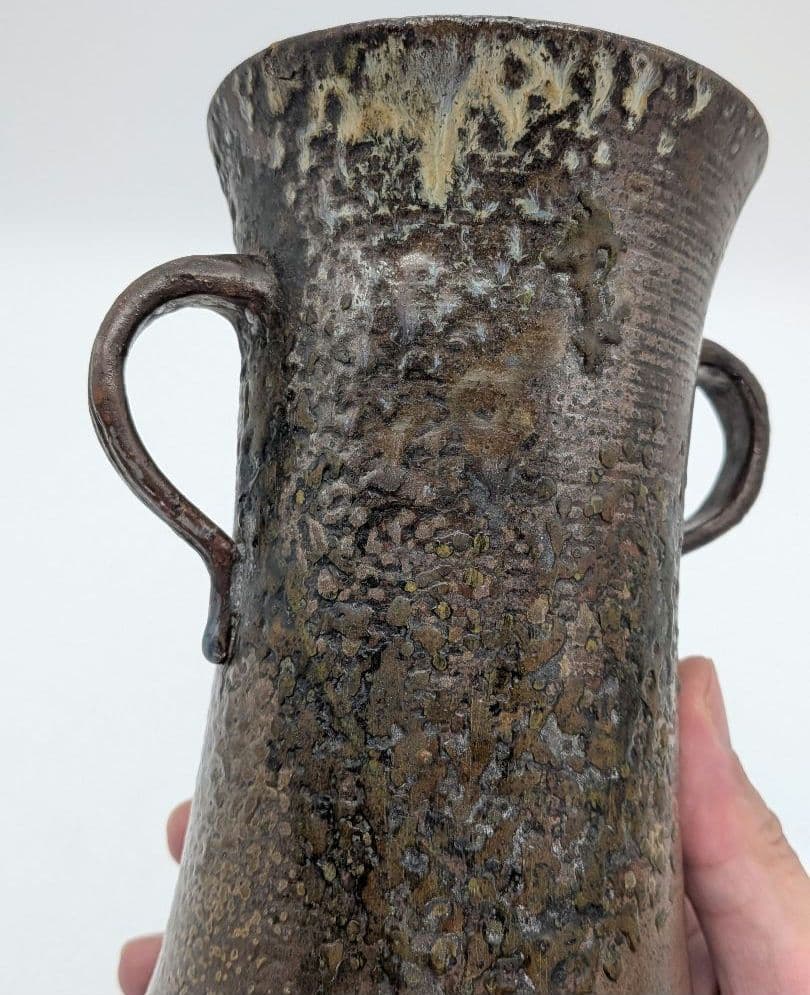 【直しあり】窯元六姓寺見作 江戸中期 古備前耳付花入 金重陶陽識箱 合布 備前焼