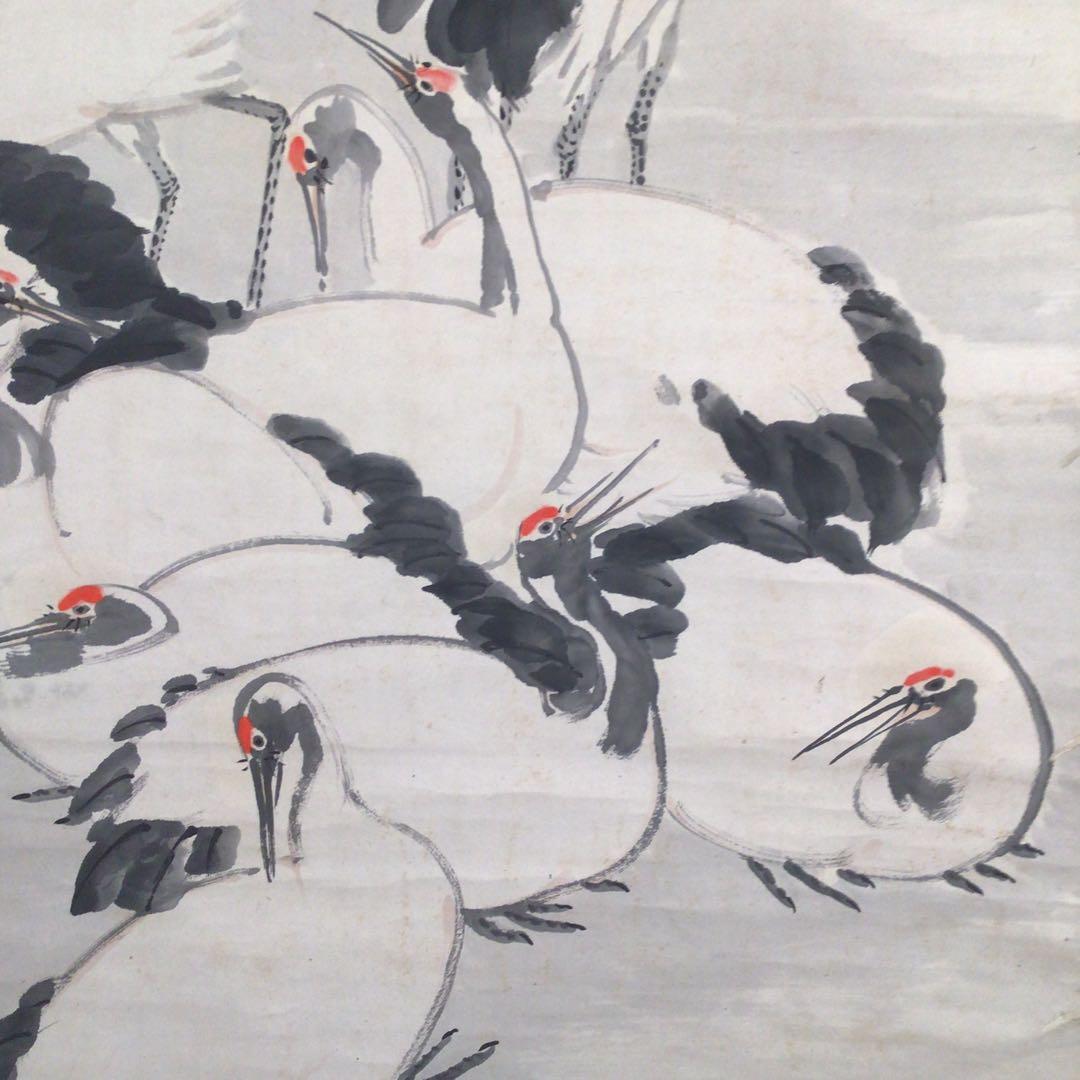 No4010掛軸　藤田苔石　群鶴図　肉筆紙本　香川の人　日本画　古美術　送料無料