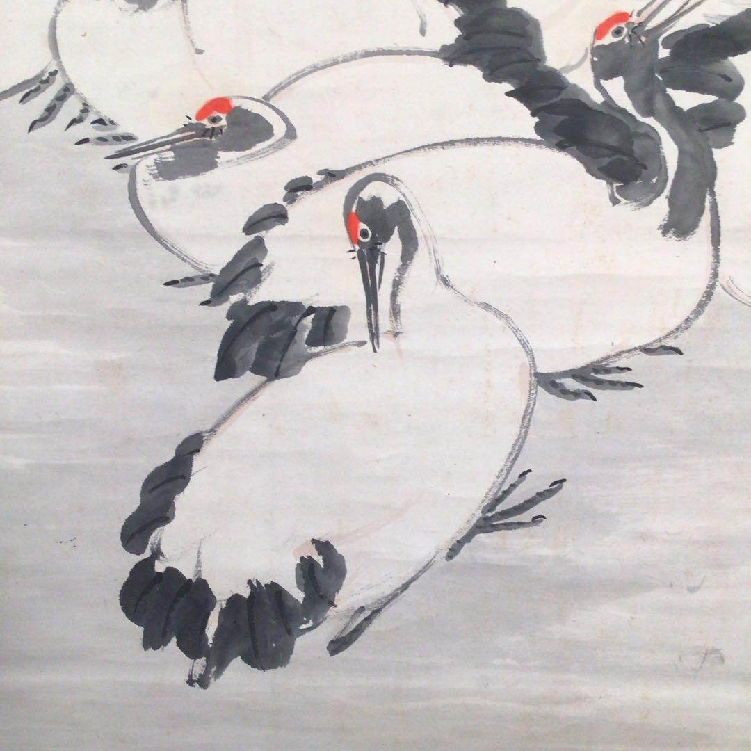 No4010掛軸　藤田苔石　群鶴図　肉筆紙本　香川の人　日本画　古美術　送料無料