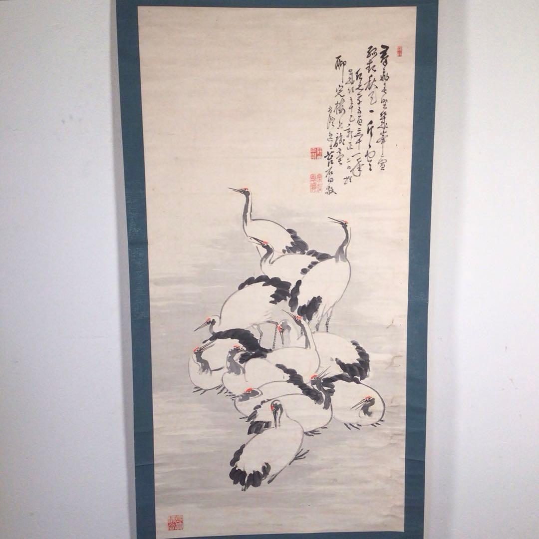 No4010掛軸　藤田苔石　群鶴図　肉筆紙本　香川の人　日本画　古美術　送料無料