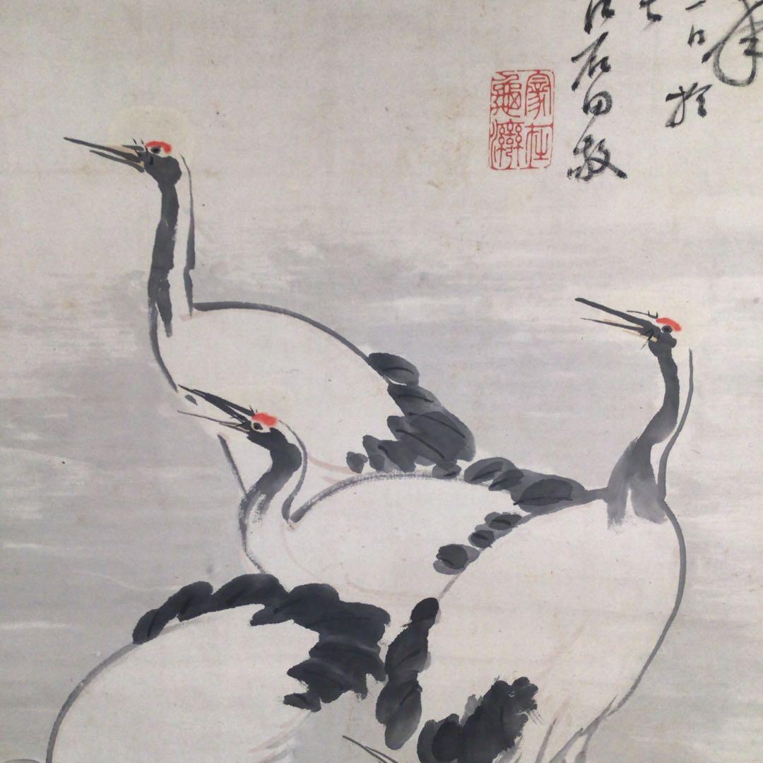 No4010掛軸　藤田苔石　群鶴図　肉筆紙本　香川の人　日本画　古美術　送料無料