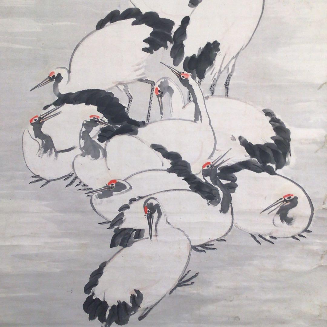 No4010掛軸　藤田苔石　群鶴図　肉筆紙本　香川の人　日本画　古美術　送料無料