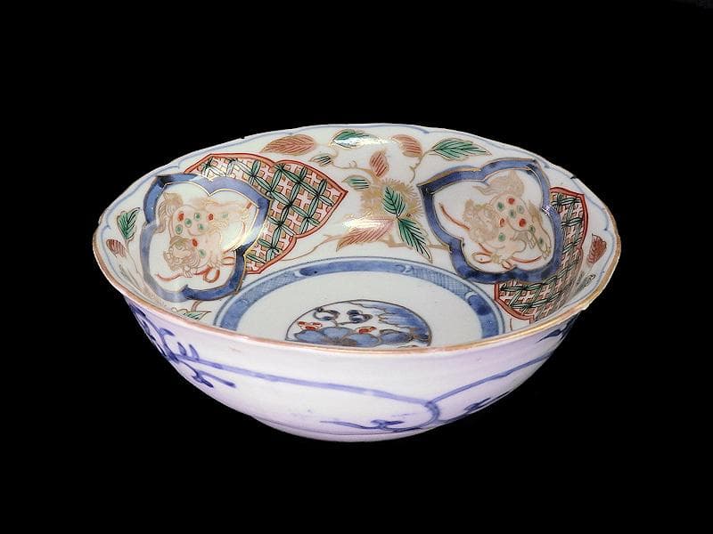 古伊万里　染錦　獅子に七宝紋の図　膾皿　２客　D797AS-fbqy