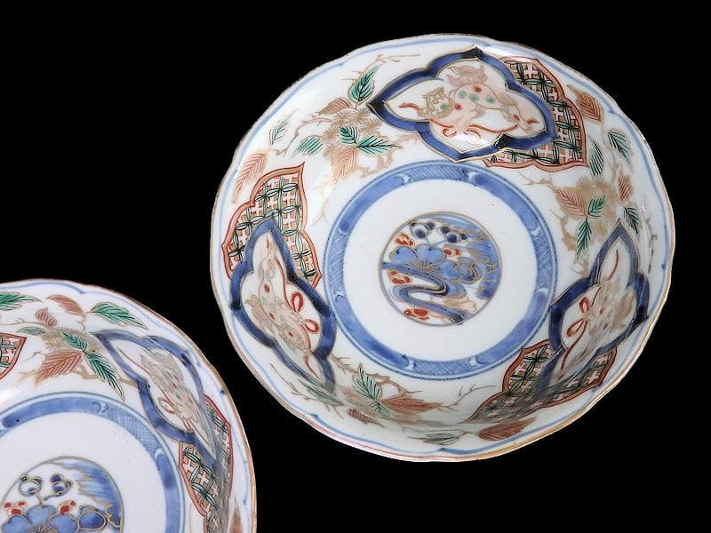 古伊万里　染錦　獅子に七宝紋の図　膾皿　２客　D797AS-fbqy