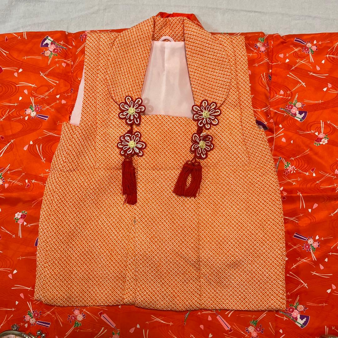 七五三　3歳　被布　オレンジ　かのこ被布　着物セット