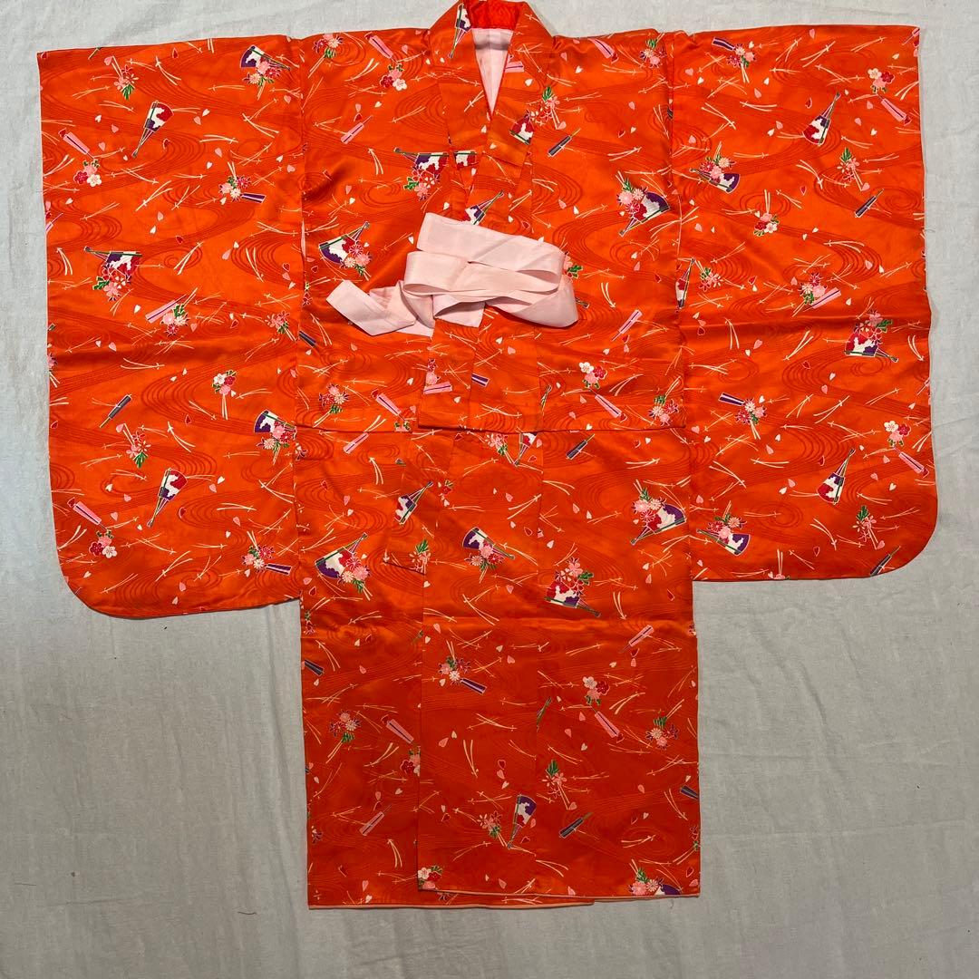 七五三　3歳　被布　オレンジ　かのこ被布　着物セット
