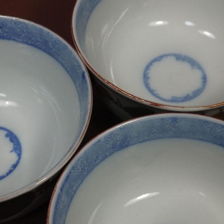 古伊万里 富長貴春 染付 金彩色絵 松鶴文 蓋付茶碗 5個セット　　ｍ353