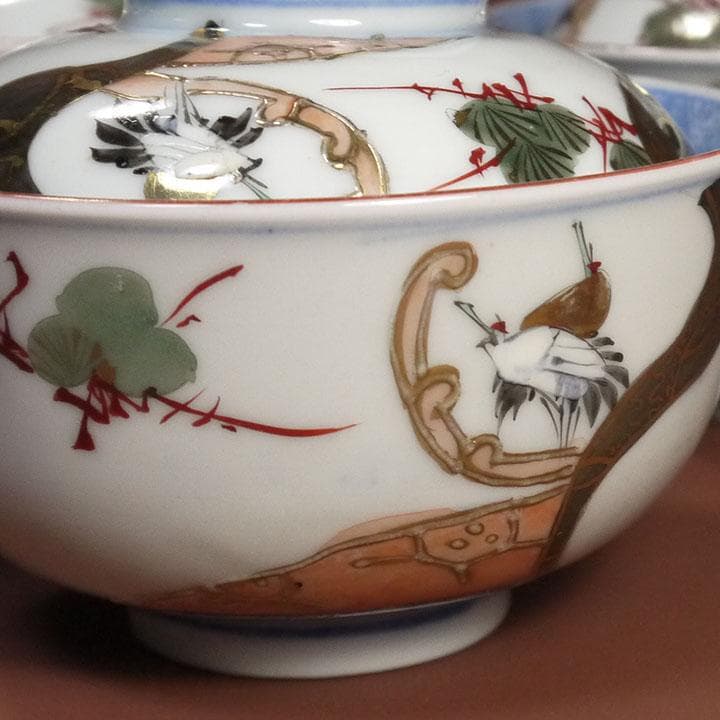古伊万里 富長貴春 染付 金彩色絵 松鶴文 蓋付茶碗 5個セット　　ｍ353