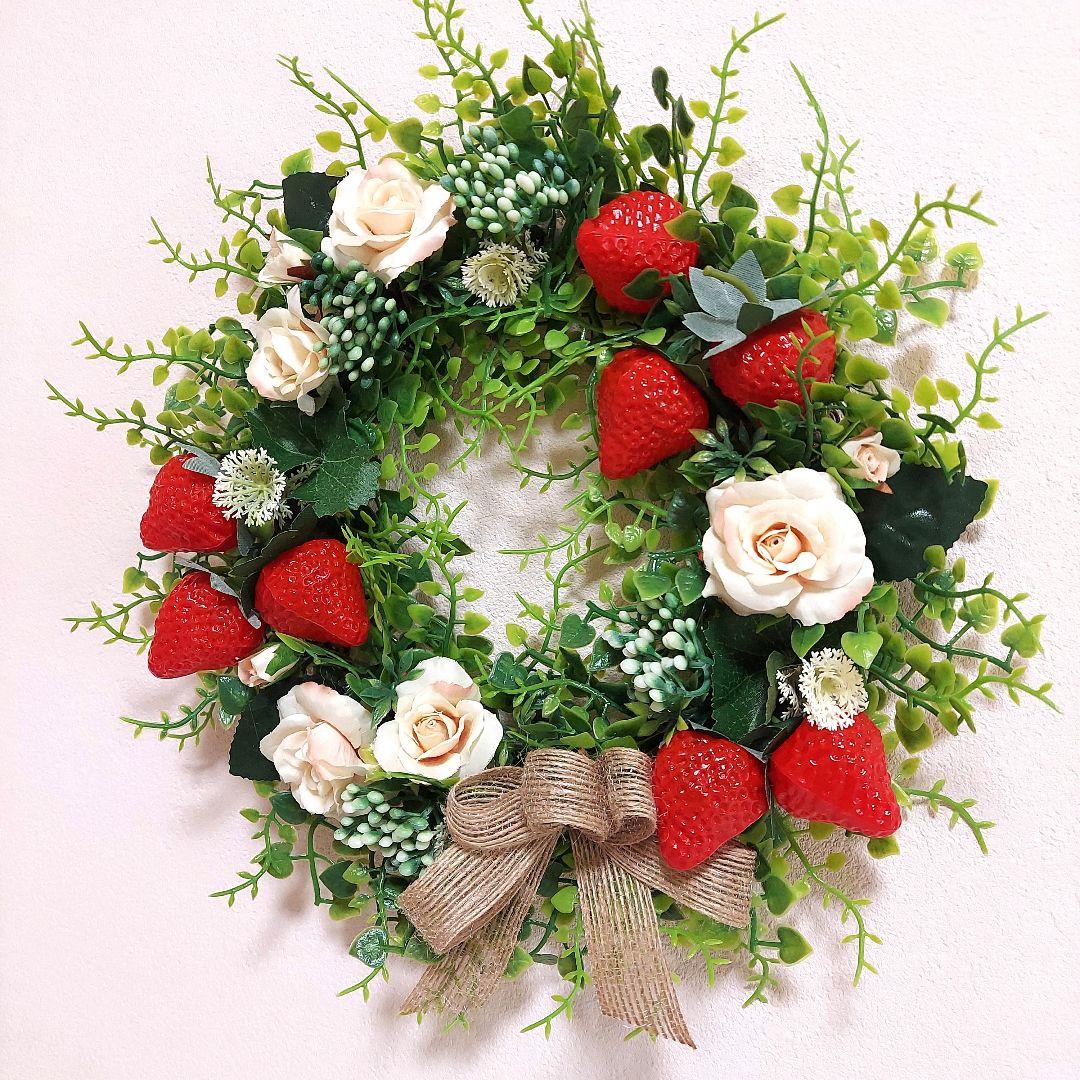 フラワーリース 春の足音10 いちごと薔薇たち 玄関リース 造花