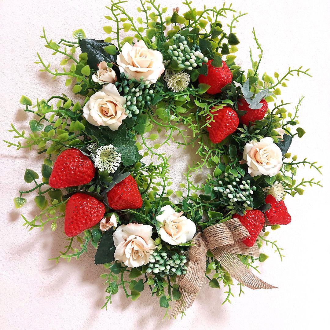 フラワーリース 春の足音10 いちごと薔薇たち 玄関リース 造花