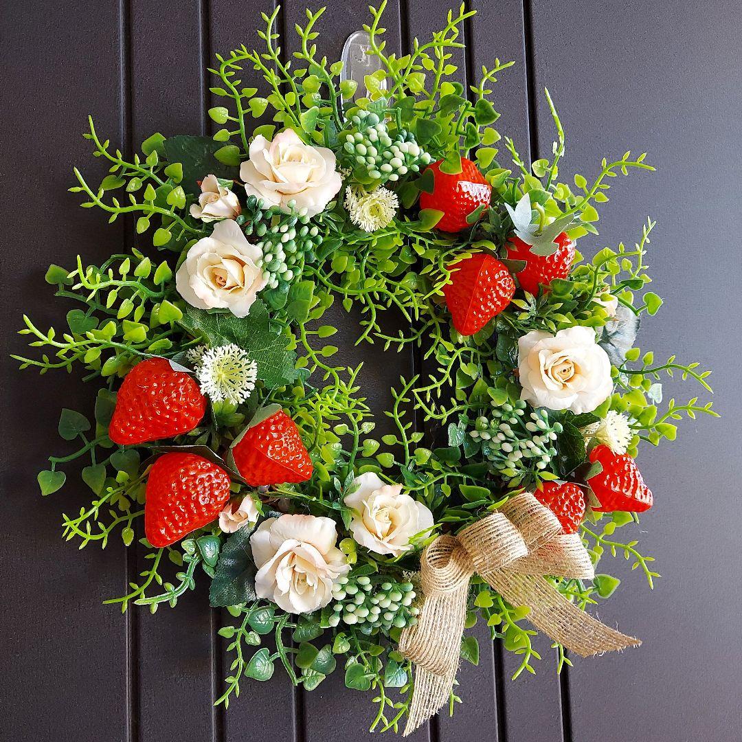 フラワーリース 春の足音10 いちごと薔薇たち 玄関リース 造花