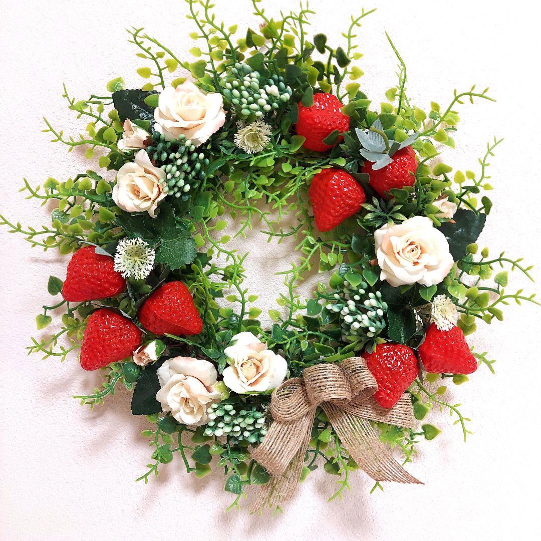 フラワーリース 春の足音10 いちごと薔薇たち 玄関リース 造花