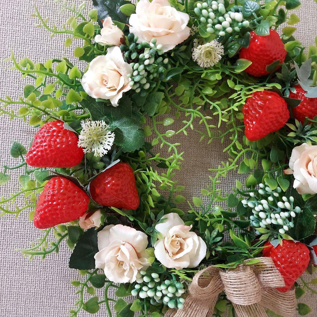 フラワーリース 春の足音10 いちごと薔薇たち 玄関リース 造花