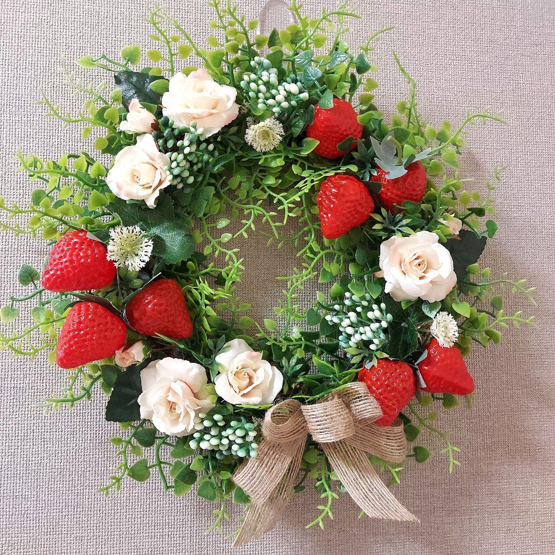 フラワーリース 春の足音10 いちごと薔薇たち 玄関リース 造花