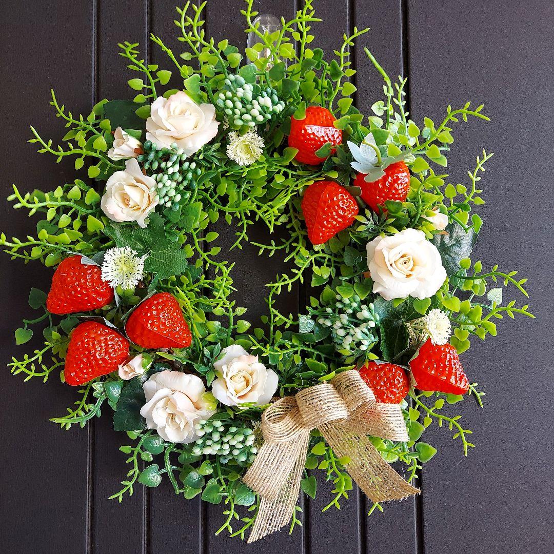 フラワーリース 春の足音10 いちごと薔薇たち 玄関リース 造花