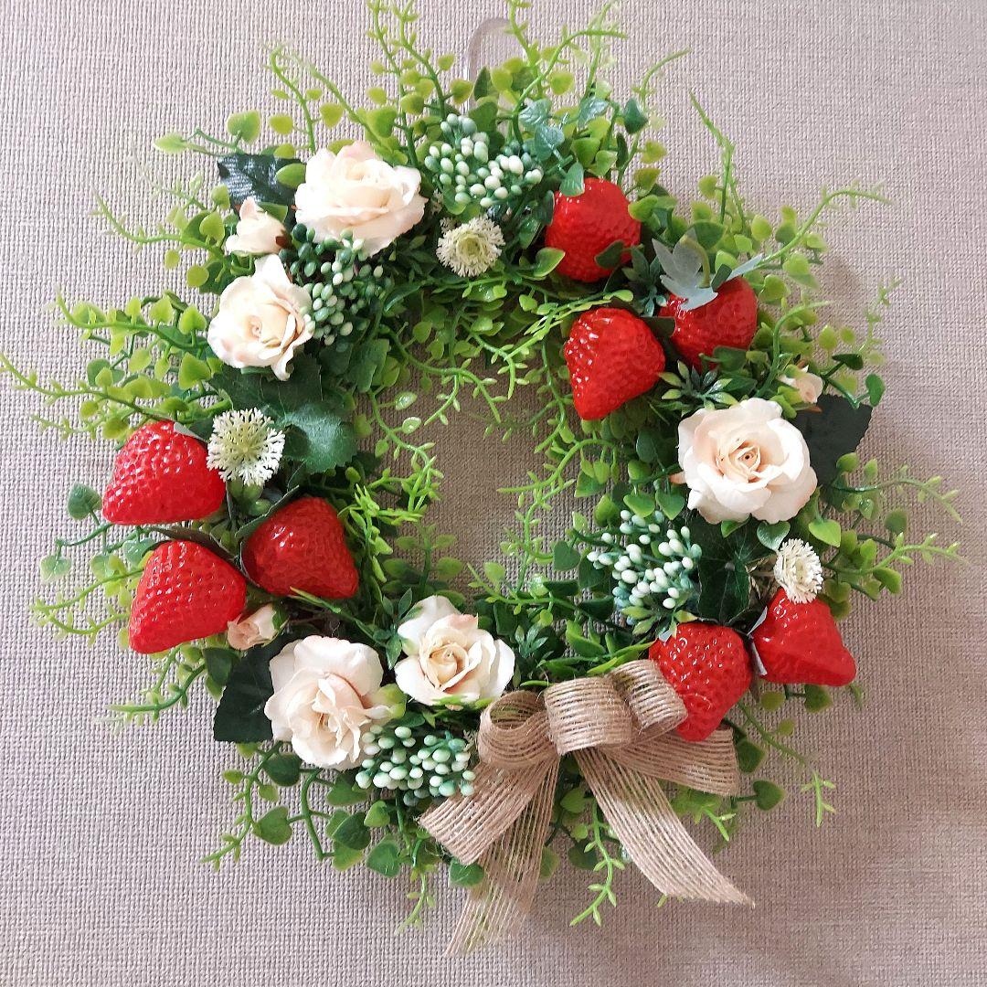 フラワーリース 春の足音10 いちごと薔薇たち 玄関リース 造花