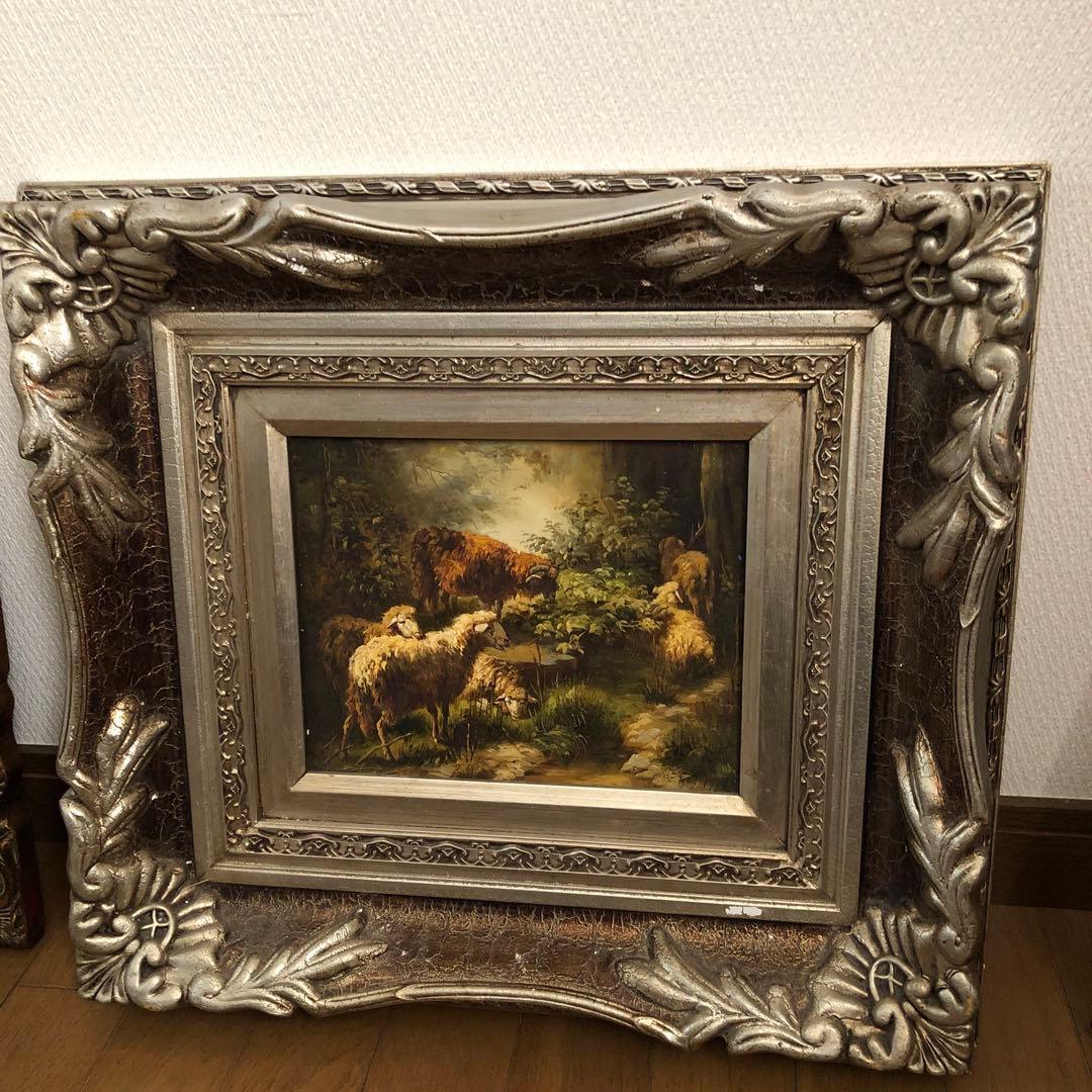 アンティーク　ヨーロッパ絵画　森の中の羊達　　油彩画肉筆　作者不明
