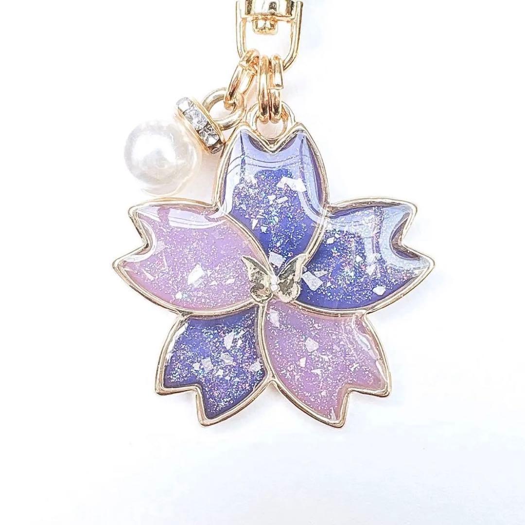 【aa】シマエナガ　（紫×薄紫　桜　金枠）　チャーム　レジン　かわいい